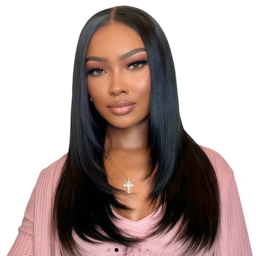 Long Black Layered Wig with Smooth Sleek Finish, High End Lace